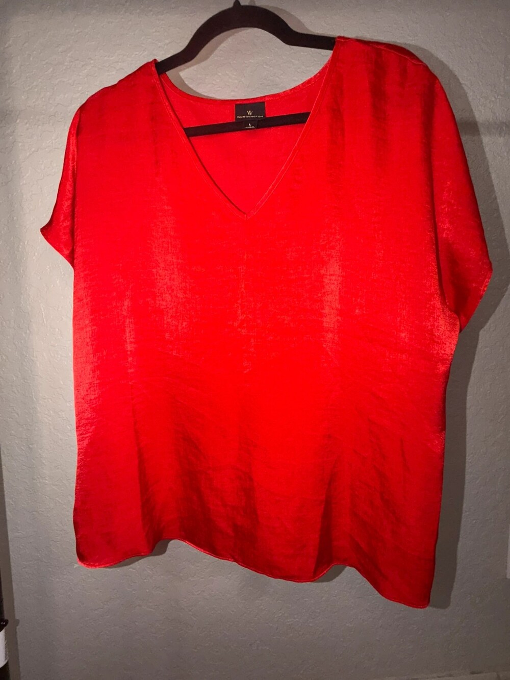 Worthington L Red V Neck Short Sleeve Blouse Top